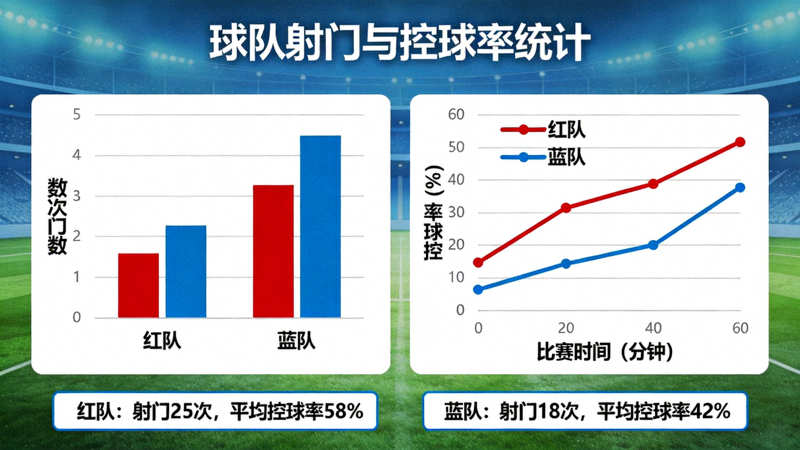 体育数据分析图表，展示球队射门与控球率统计