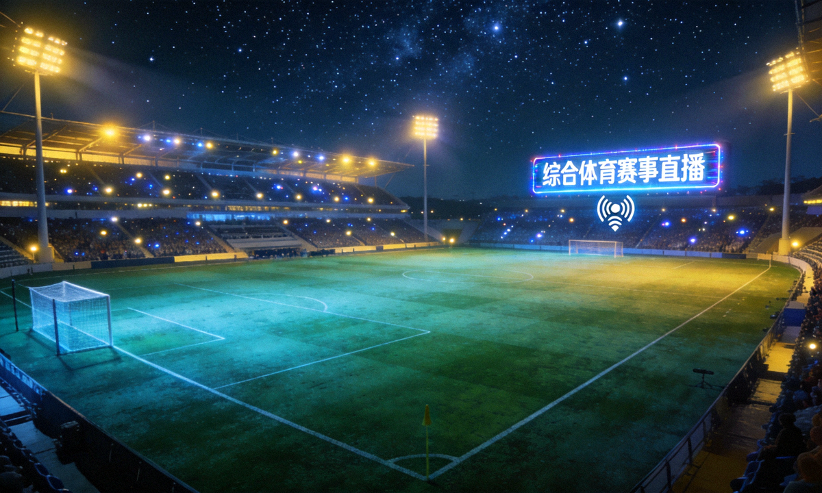 夜晚灯光下的足球场全景，星空综合体育赛事直播场景
