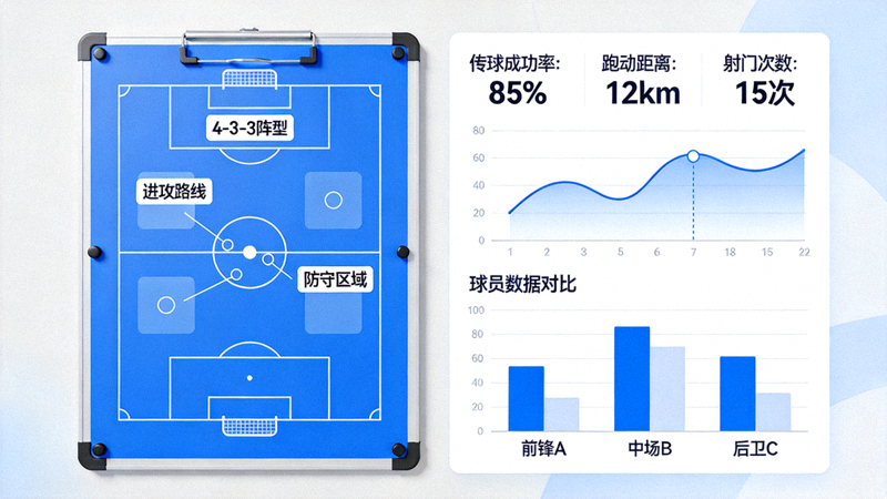 足球战术板与数据图表，用于赛前战术分析